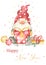 Watercolor card with cute christmas gnome, gifts, christmas decorations, happy new year