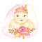 Watercolor card with cute newborn pink girl with flowers