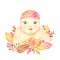 Watercolor card cute newborn pink girl with flowers