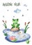 Watercolor card with a frog in the pond