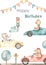 Watercolor card kids happy birthday with racing cars, animals, traffic light