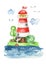 Watercolor card with a lighthouse, sea, trees, clouds, seagulls