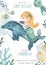 Watercolor card with a little mermaid on a dolphin, with an octopus, fish, seaweed, baby shower