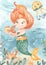 Watercolor card with little mermaid underwater, fish, jellyfish, crab