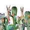 Watercolor card with a pair of llamas peek out of the cactus bushes. Hand painted illustration with animals, floral and