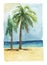 Watercolor card with palm trees on the ocean coast.