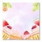 Watercolor card, poster, birthday invitation. Empty template with fruits, cupcakes and muffins. Strawberries, slices of