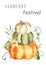 Watercolor card with pumpkins, autumn leaves, flowers, harvest festival