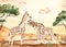 Watercolor card with savanna landscape at sunset and giraffe family, mom, dad, kid