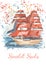 Watercolor card with scarlet sails on the Neva river with fireworks, greeting card