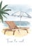 Watercolor card Time to relax with seascape, beach lounger, beach umbrella, palm tree