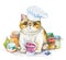 Watercolor card with xotic cat in chef`s cap, jars of jam and f