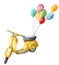 Watercolor card with yellow scooter and air balloons. Hand painted summer illustration isolated on white background. For