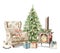 Watercolor cartoon chair, burning stove, gifts boxes, toys and Christmas tree