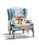 Watercolor cartoon chair and wicker basket for knitting and Christmas sock