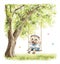 Watercolor cartoon composition with little hedgehog in clothes rides on a swing by a tree