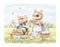 Watercolor cartoon composition with pair mice animals on picnic in summer green nature