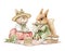 Watercolor cartoon composition with squirrel and rabbit in vintage outfits on picnic