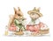 Watercolor cartoon composition with squirrel and rabbit in vintage outfits on picnic