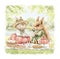 Watercolor cartoon composition with squirrel and rabbit in vintage outfits on picnic in summer green nature