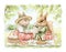 Watercolor cartoon composition with squirrel and rabbit in vintage outfits on picnic in summer green nature