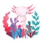 Watercolor cartoon cute posing Axolotl with waterplant