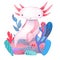 Watercolor cartoon cute posing Axolotl with waterplant