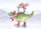 Watercolor cartoon dinosaur in winter hat and scarf and cute penquin, ice skating illustration. Winter snowy background. Hand