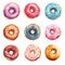 Watercolor Cartoon Donuts Set: Colorful Realism Clipart On White Background