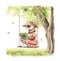 Watercolor cartoon ferret in vintage outfit reading a book and rides on a swing by tree