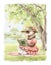 Watercolor cartoon ferret in vintage outfit reading a book in summer green nature