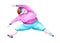 Watercolor cartoon flexible overweight active woman in blue pink sport costume