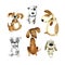 Watercolor cartoon illustration. Set of cute cartoon dogs