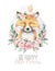 Watercolor cartoon isolated cute baby fox animal with flowers. Forest nursery woodland illustration. Bohemian boho