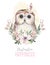 Watercolor cartoon isolated cute baby owl animal with flowers. Forest nursery woodland illustration. Bohemian boho