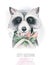 Watercolor cartoon isolated cute baby raccoon animal with flowers. Forest nursery woodland illustration. Bohemian boho