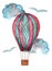 Watercolor cartoon multicolored balloon flies among clouds and birds
