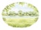 Watercolor cartoon oval composition with spring green landscape with trees, river and grass