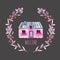 Watercolor cartoon private house inside the floral wreath in purple and pink shades