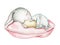 Watercolor cartoon rabbit in pajamas sleeps on pillow and hugs easter egg