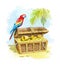 Watercolor cartoon red parrot and open chest with pirate treasures on treasure Island