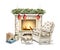 Watercolor cartoon rocking chair, bench, fireplace and gift box