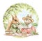 Watercolor cartoon round composition with squirrel and rabbit in vintage outfits on picnic in summer green nature