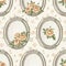 Watercolor cartoon seamless pattern with orange flowers roses in oval silver frames