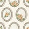 Watercolor cartoon seamless pattern with orange flowers roses in oval silver frames