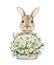 Watercolor cartoon vintage Easter rabbit with bouquet of flowers lilies of the valley in wicker basket