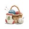 Watercolor cartoon wicker basket for knitting and Christmas sock