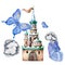 watercolor castle, butterflies, fairy tale, childhood dream.