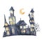 Watercolor castle with glowing windows and moon. Hand painted magic Helloween illustration isolated on white background