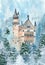 Watercolor castle with trees winter nature